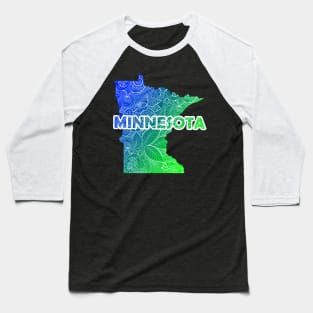 Colorful mandala art map of Minnesota with text in blue and green Baseball T-Shirt